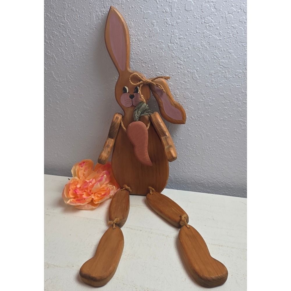 Vintage Primitive Folk Art Wood‎ Bunny Shelf Sitter Twine Jointed Rabbit Spring